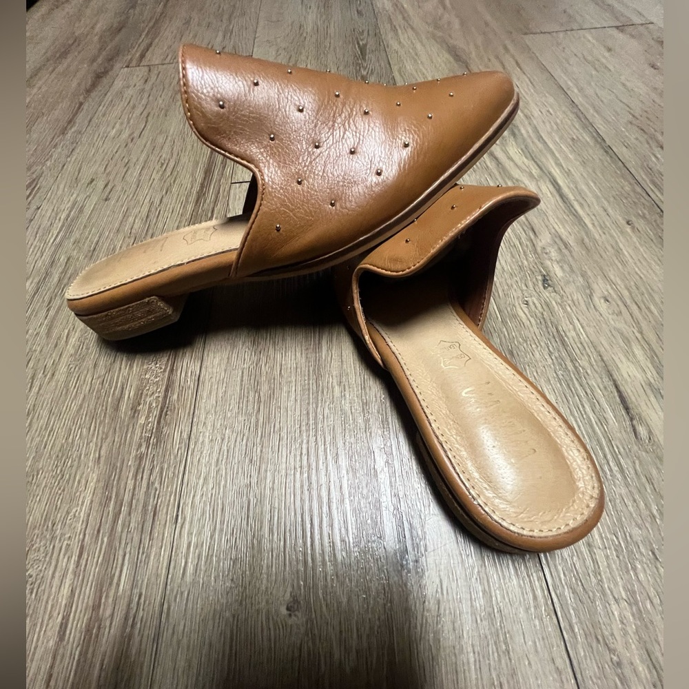 Tan Leather Mules with Perforated Design and Wedge Heel